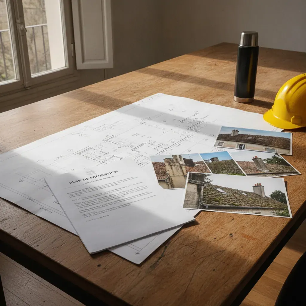 Bureau de gestion technique avec des plans de bâtiments annotés, un plan de prévention et des photographies de façades souillées