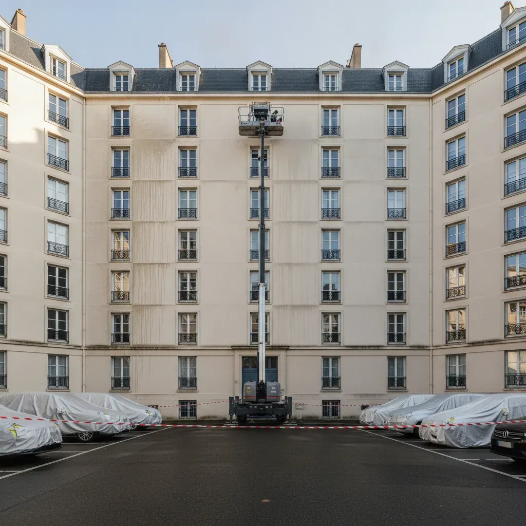 Nacelle de travail devant la façade d’un immeuble collectif français, zone de chantier balisée au sol et véhicules stationnés à proximité