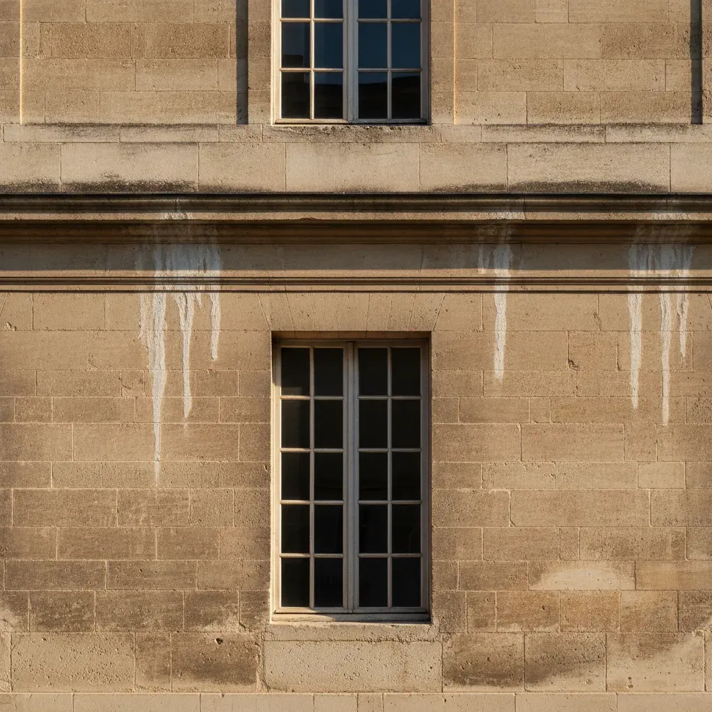 Façade en pierre calcaire d’un immeuble français avec des coulures blanchâtres sous une corniche