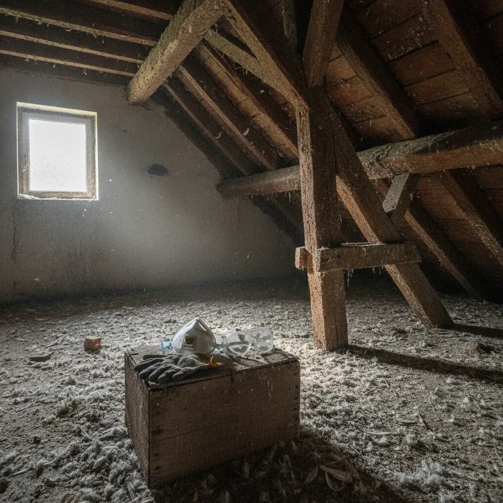 Comble ancien avec dépôts de guano de pigeons sur les poutres et le sol, masque filtrant et gants posés sur une caisse