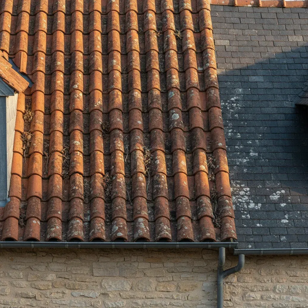Toiture en tuiles d’une maison française avec gouttière en zinc et dépôts blanchâtres sur les tuiles