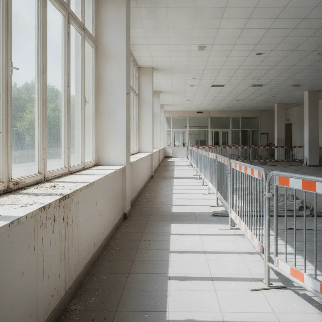 Hall d’accueil d’un équipement public français avec barrières de chantier séparant le cheminement des usagers de la zone de travail