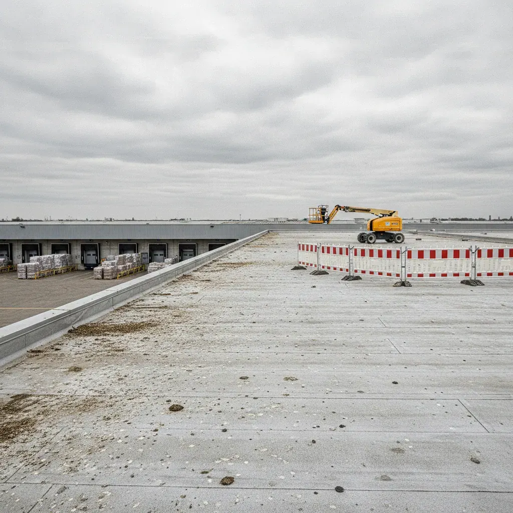 Toiture-terrasse d’un bâtiment logistique français en cours de nettoyage, nacelle et balisage au sol près des quais de chargement