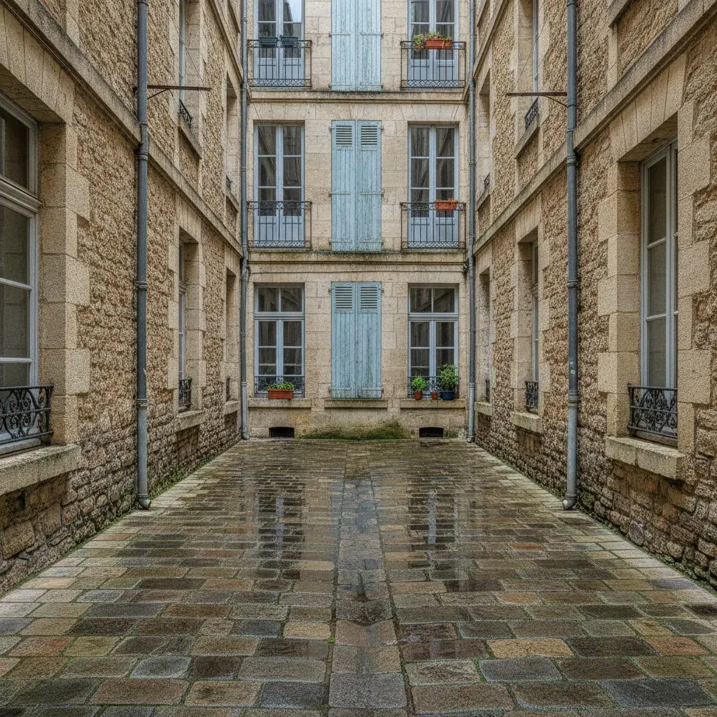 Cour intérieure d’un immeuble collectif français avec une façade en pierre et des descentes d’eaux pluviales