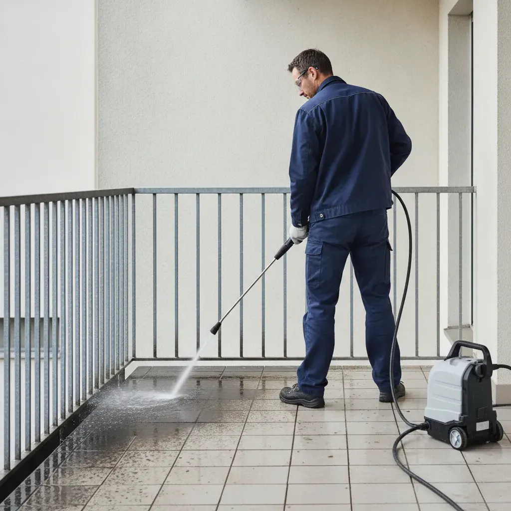 Professionnel en tenue de travail nettoyant une terrasse de bâtiment marquée par des fientes d'oiseaux