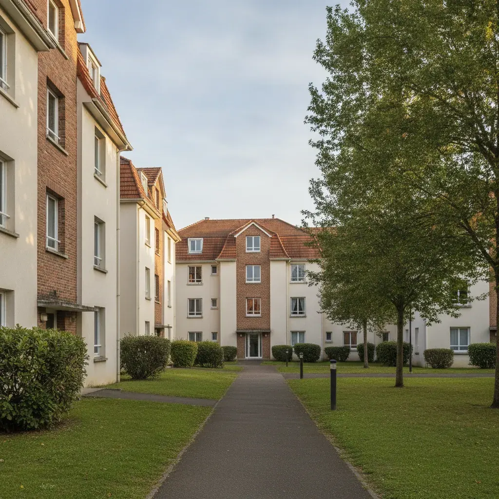 Ensemble résidentiel collectif français vu depuis une allée, plusieurs bâtiments et façades
