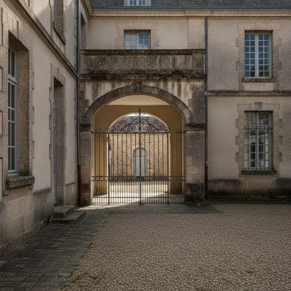 Bâtiment public français en pierre avec préau et grilles, accès encadré