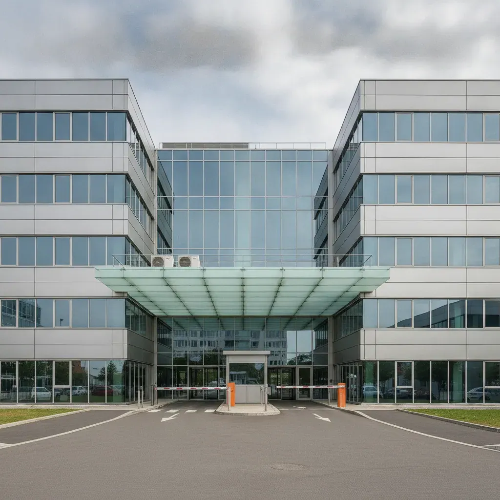 Façade en verre et bardage d’un immeuble de bureaux français avec accès contrôlé