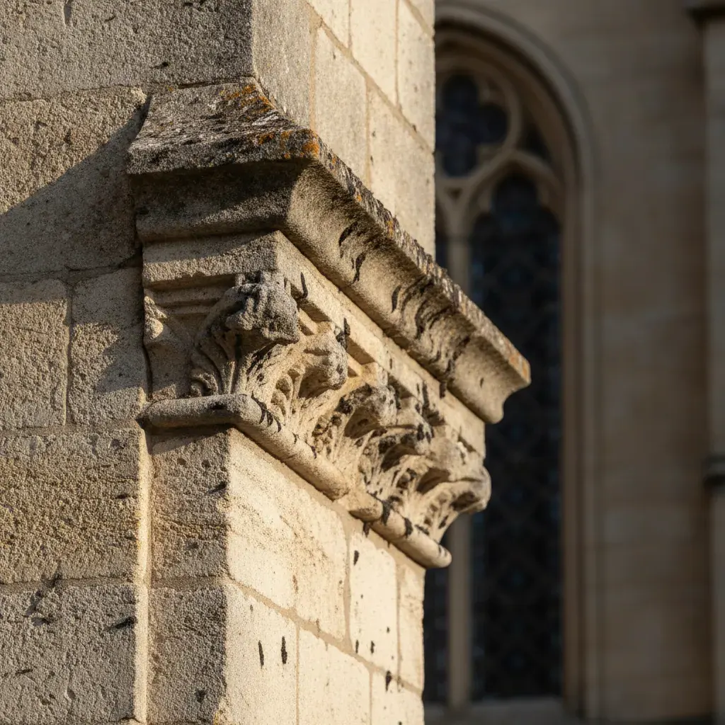 Corniche en pierre d’une église française ancienne avec dépôts sombres sur les appuis