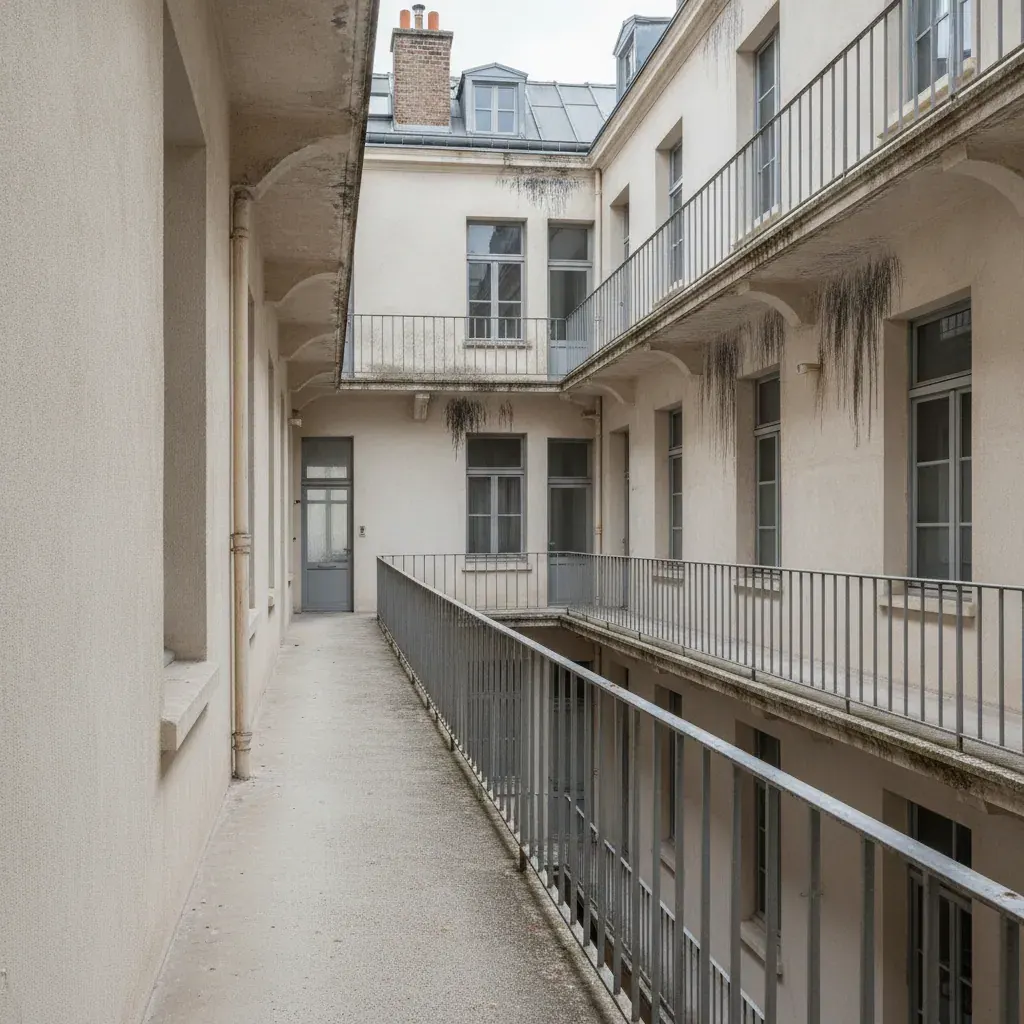 Cour intérieure d’un immeuble collectif français avec coursive et corniches souillées