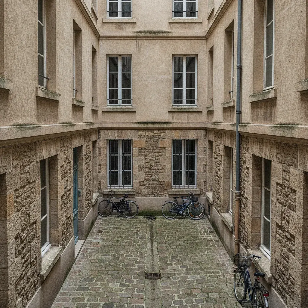 Cour intérieure d’immeuble en copropriété avec sol pavé et salissures sous les corniches