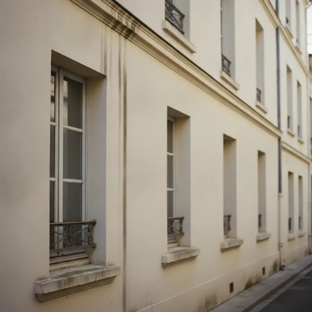 Façade d’immeuble avec salissures et coulures sur les corniches et appuis de fenêtre