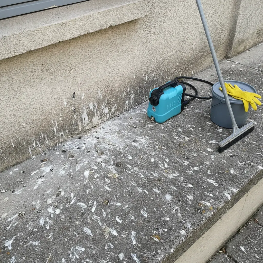 Surface extérieure en béton avec dépôts de fientes de pigeons et matériel de nettoyage professionnel