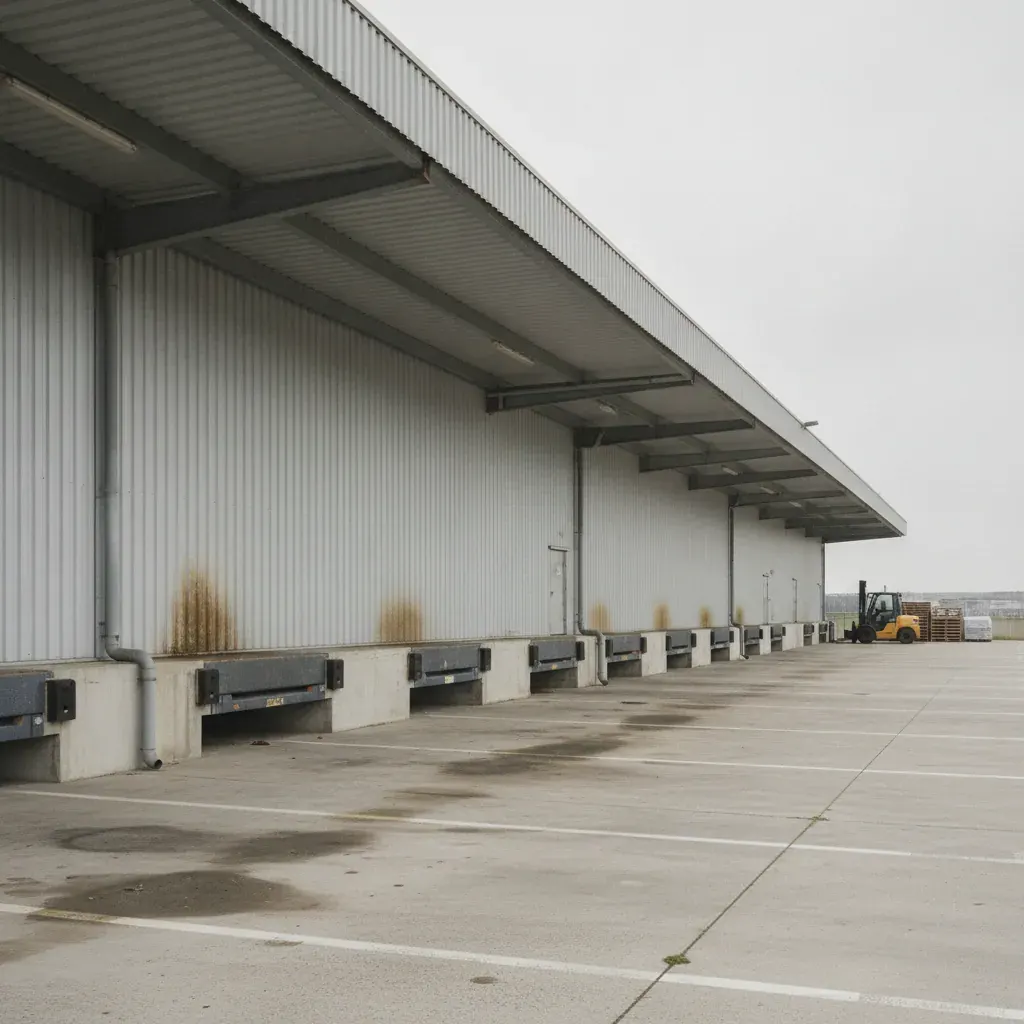 Bâtiment logistique avec quai de chargement et surface extérieure présentant des dépôts