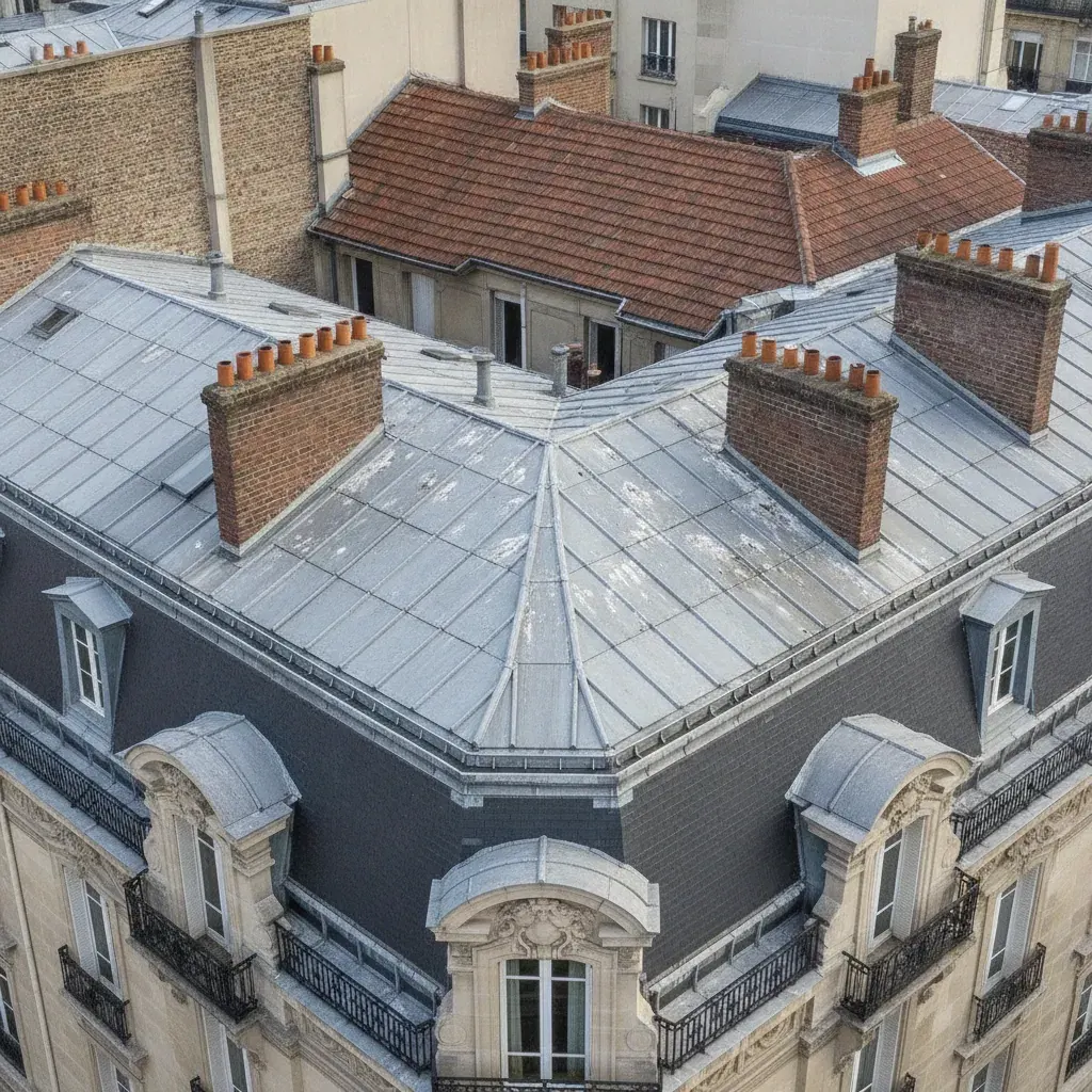 Toiture d’immeuble collectif avec dépôts de fientes de pigeons sur les zones planes et les noues