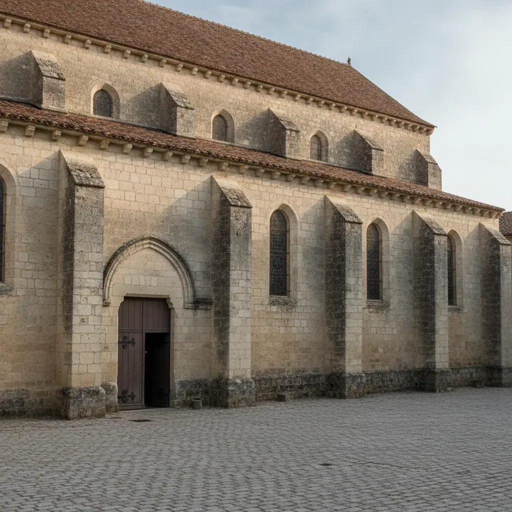 Église française en pierre avec corniches et appuis marqués par des dépôts de fientes