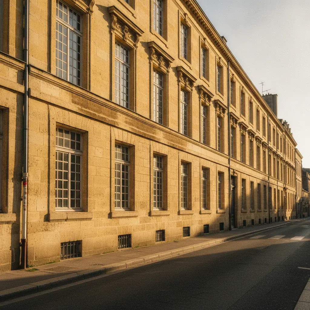 Façade en pierre blonde bordelaise avec corniches et appuis moulurés