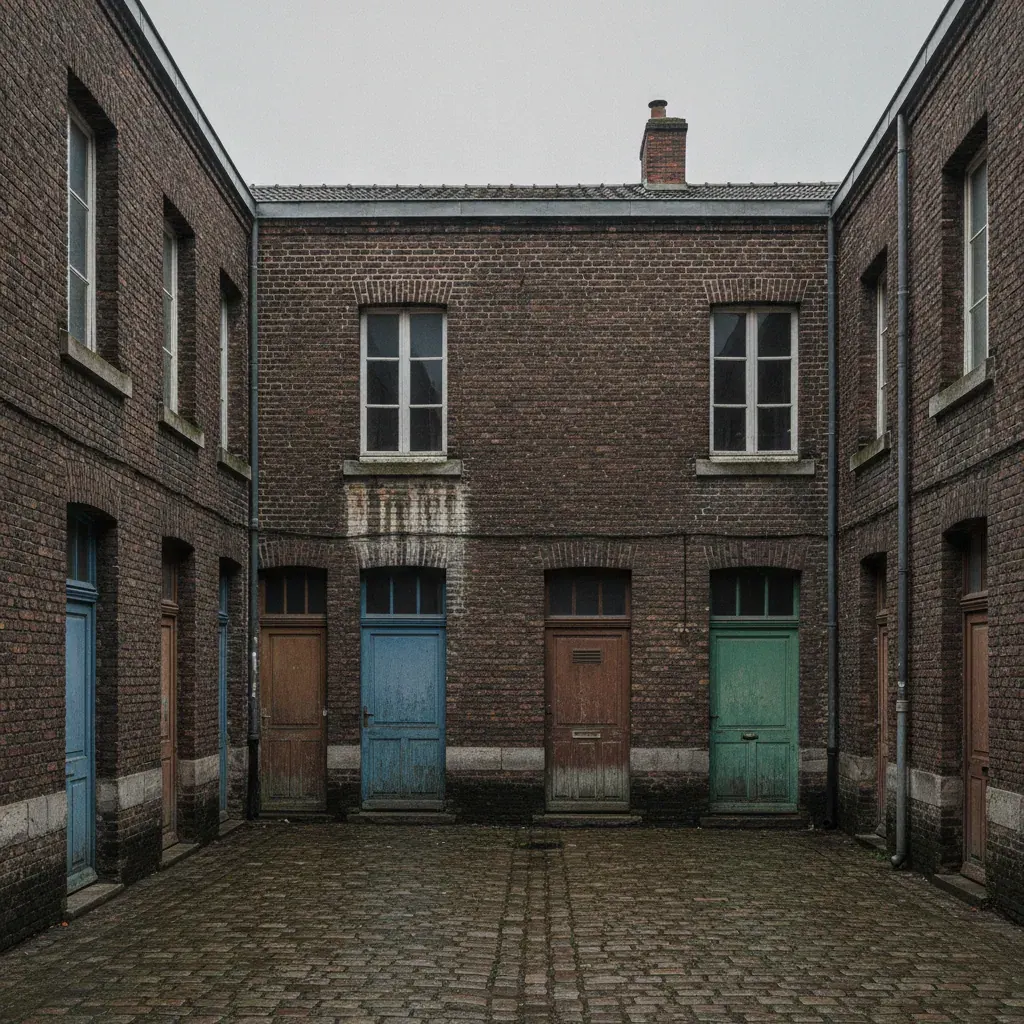 Courée lilloise en brique avec façade et sol pavé