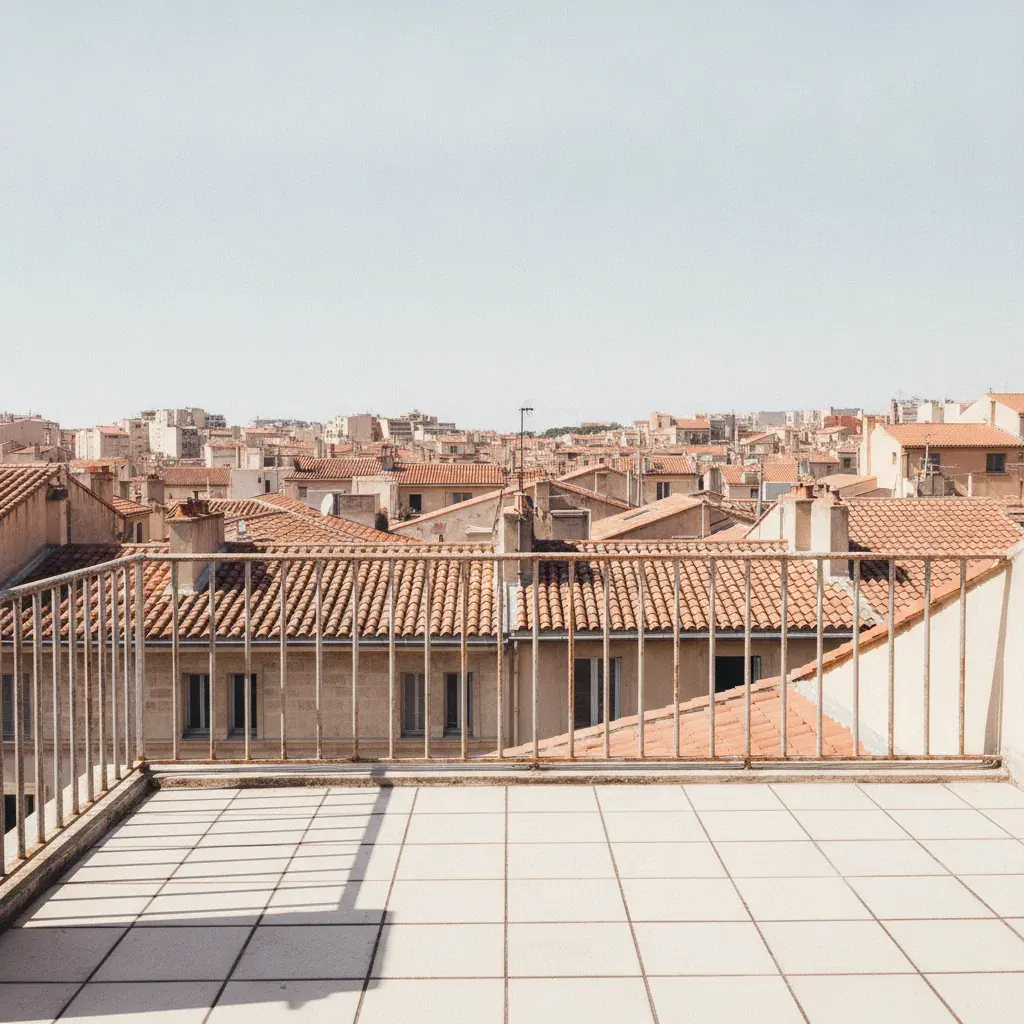 Toit-terrasse marseillais en carrelage avec vue sur les toits de tuiles canal