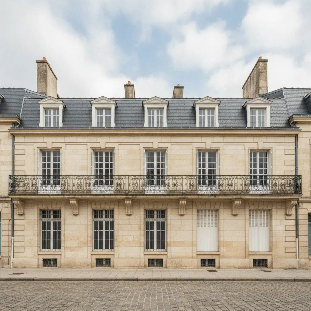 Façade nantaise en tuffeau clair avec balcons et toiture en ardoise