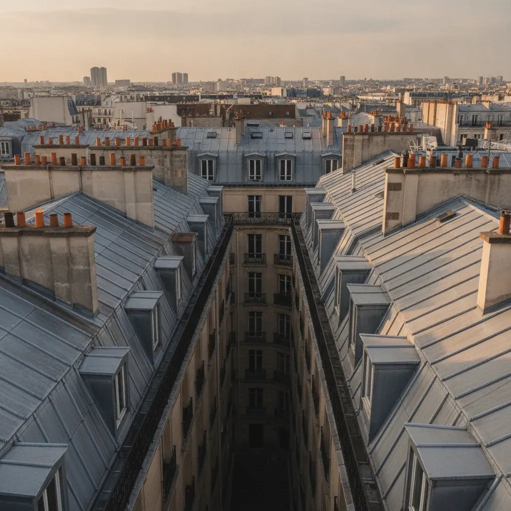 Toitures en zinc et cour intérieure d’un immeuble parisien vus depuis un toit