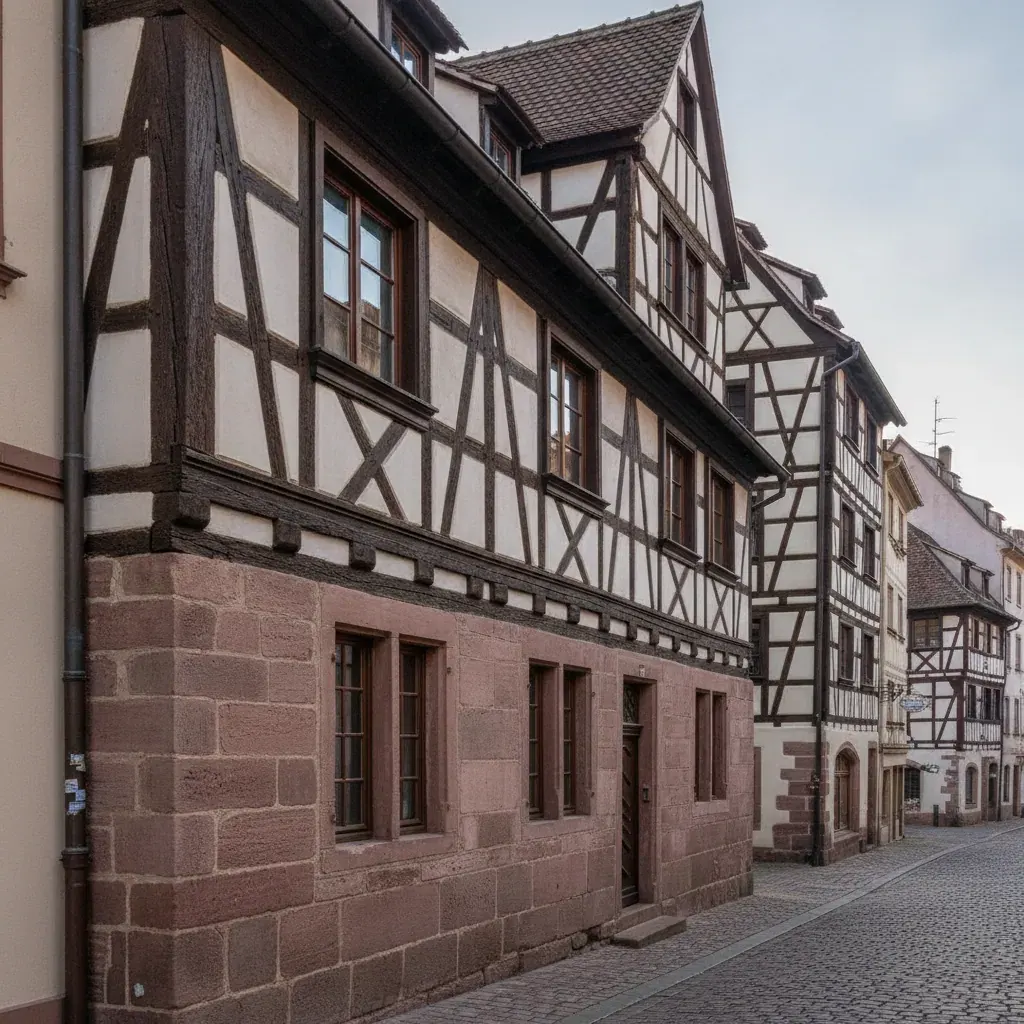 Façade alsacienne à colombages et grès dans une rue du centre de Strasbourg