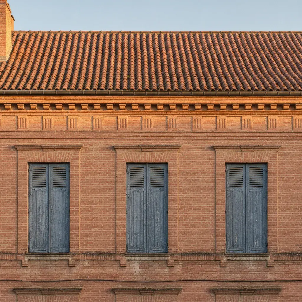 Façade en brique foraine toulousaine avec corniche et toiture de tuiles